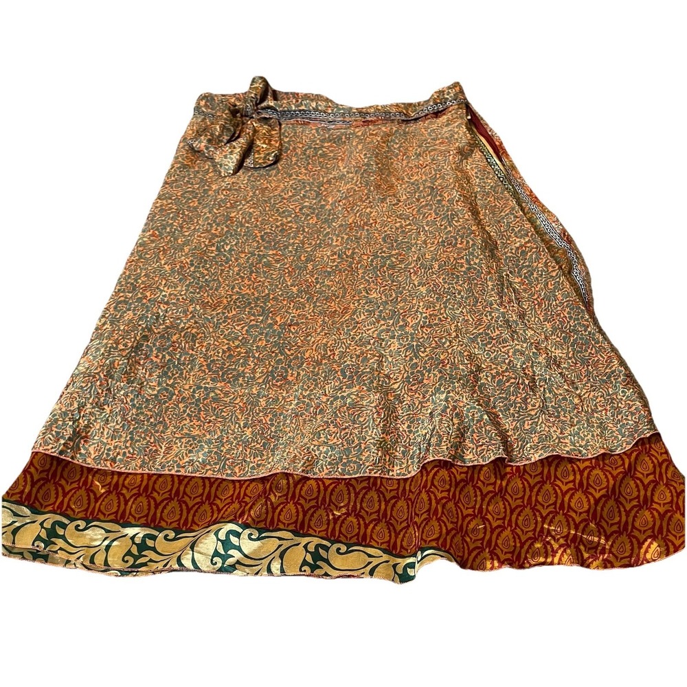 Kariza Vintage Reversible Wrap Maxi Skirt OS Layered Blue Gold Red Boho Peasant - Picture 7 of 14